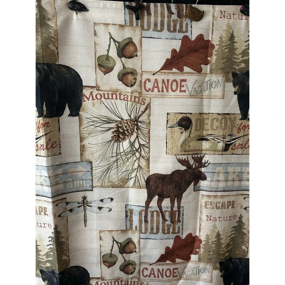 BACOVA Lodge Bear Moose Canoe Shower Curtain 72x72 w Liner & Wildlife Hooks Set